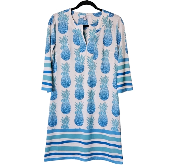 Jean-Pierre Klifa Isabella Dress Blue White and Teal Pineapple Print size XS EUC - Picture 1 of 7